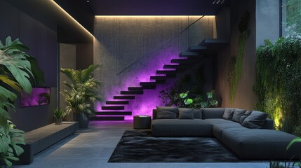 Modern living space with floating stairs, lush plants, and accent lighting