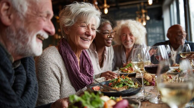 Diverse group of seniors enjoying a gourmet meal together, laughing and conversing, in a warmly lit restaurant setting filled with joyous camaraderie.