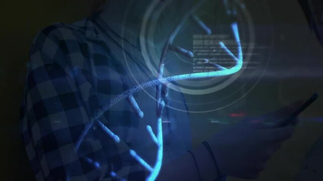 Woman scrolling phone, DNA helix growing scan rings pulsing and CLONE label materializing for tech