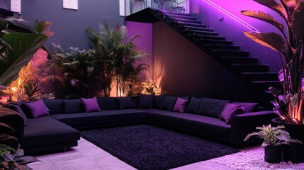 Stylish indoor jungle space featuring a large couch, black staircase, and colorful lighting