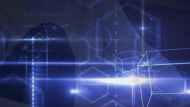 seated researcher observing bright beam sweeping in tech lab, studying rotating holographic cube