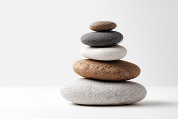 Balanced stack of smooth natural stones in earthy tones arranged against a clean white background with area for text or design