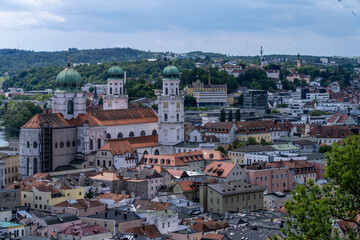 Panorama view onto medieval town Passau and Saint Stephen's cathedral on summer day, Bavaria, Germany