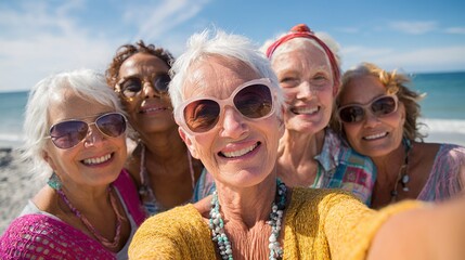 Group of cheerful senior women smiling together, taking a selfie at the beach under the bright sunlight, enjoying summer.