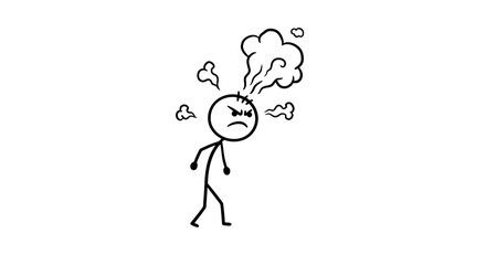 Angry stick figure cartoon vector illustration with steam coming out of head on black background on transparent background