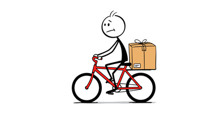 Stick figure delivery man riding bicycle with package vector illustration design for delivery service concept on transparent background