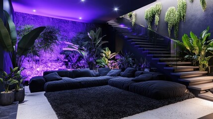 Dark, moody living room with large black sectional sofa, plants and concrete staircase