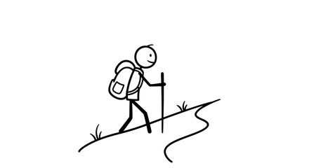 Fototapeta premium Stick figure hiking with backpack and walking stick on trail simple black and white illustration on transparent background