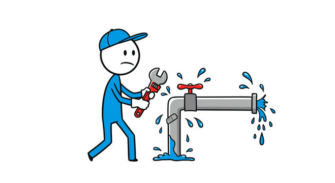 Cartoon plumber fixing leaky pipe with wrench home repair plumbing service maintenance emergency leak repair on transparent background