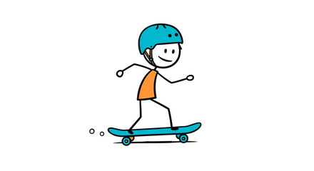 Stick figure skateboarding illustration for kids cartoon skateboarder with helmet and orange shirt on transparent background