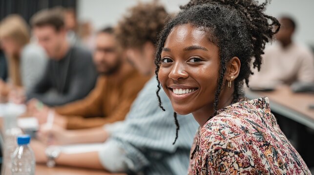 Smiling African American student in classroom with other students focused on learning and working together seamlessly