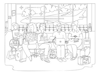 Coloring page. Scene at airport. People sitting on chairs of airport terminal waiting room. Men and women with suitcases and luggage wait for their plane to depart. Line vector illustration