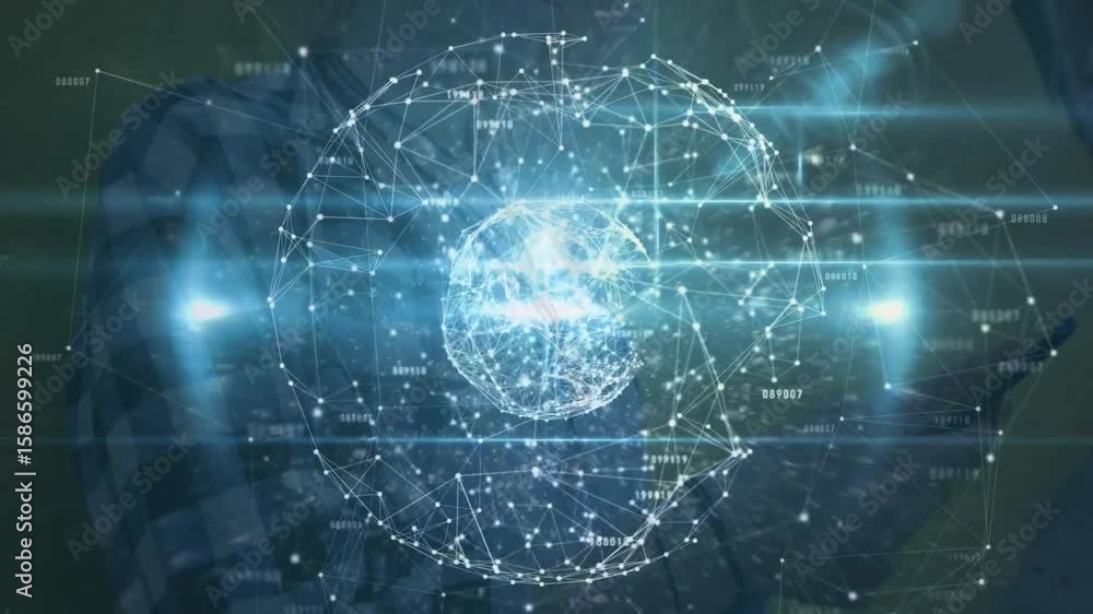 Poster checkered-shirted person observing tech hologram forming then expanding network and rotating globe