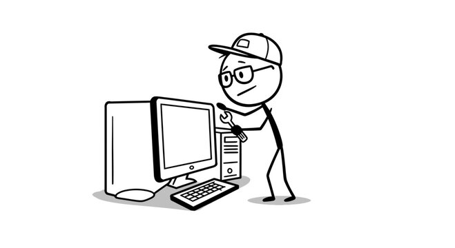 Computer repair service stick figure fixing desktop pc it support technician maintenance technology help on transparent background - Powered by Adobe