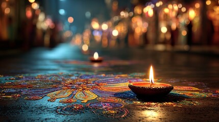 Intricate rangoli design illuminated by traditional diya lamps during Diwali festival celebration with vibrant bokeh lights.