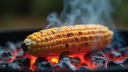 Grilled corn on the cob with charred kernels on a barbecue grill over glowing coals with smoke rising Copy Space