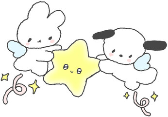 별을 든 토끼와 강아지 손그림 캐릭터 일러스트