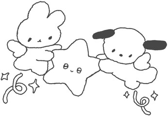 하늘을 나는 토끼와 강아지 별 손그림 흑백 일러스트