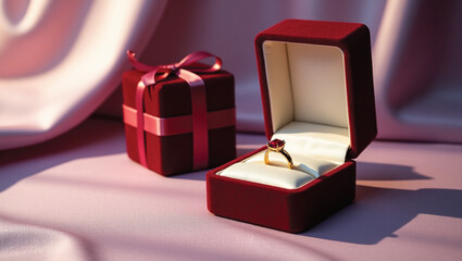 Gold ring with big red gem and clear crystals in red velvet box
