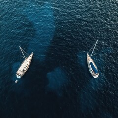 Fototapeta premium Two sailboats anchored in calm blue water