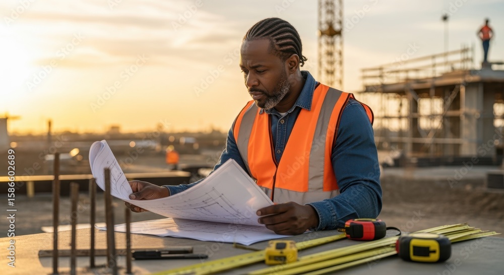 Poster experienced construction manager examining blueprints on a building site at sunset, with measuring t