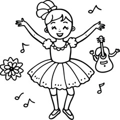 A dancing girl line art kids coloring page
