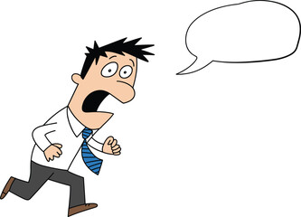 A cartoon illustration of a scared and panicked businessman running with a blank speech bubble, isolated on a white background, representing urgency and stress.
