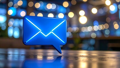 Blue neon email icon on a table