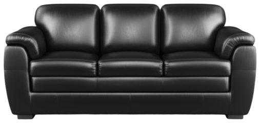 Elegant black leather sofa on gray background, transparent background png