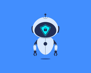 Robot presenting shield with lock icon for data protection. Vector illustration for cybersecurity, online privacy, secure AI systems