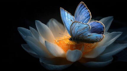 A vibrant blue butterfly rests upon a white lotus flower, softly illuminated in darkness