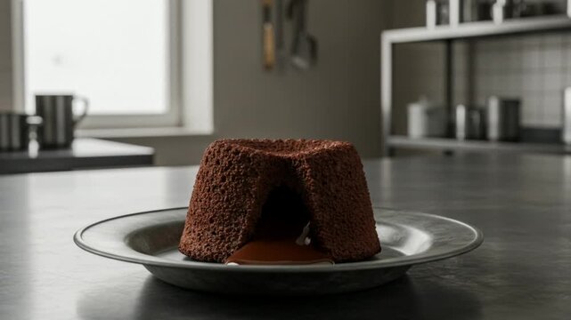 Chocolate Lava Cake With Studio Like Gradient Background Vintage Enamelware Vibe Professional Chefs Kitchen