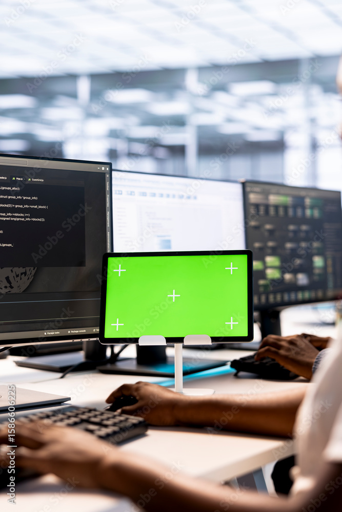 Poster system administrator in server hub ensuring data remains shielded from potential threats using mocku