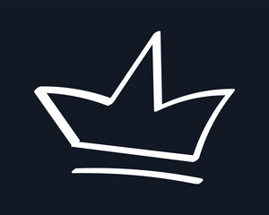 Doodle Chalked Crown on black background. Children outline Diadem. Hand drawn Royal tiara. Glory, throne, majesty. Linear element of Royalty. Comic. Isolated drawing on chalkboard. Vector illustration