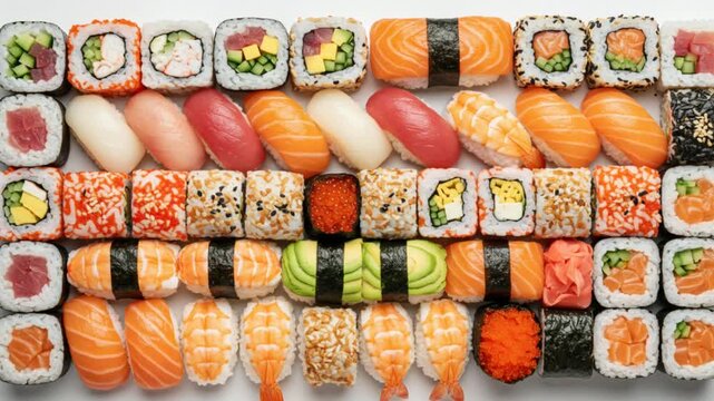 Colorful Sushi Platter With Crisp Top Down Lighting Realistic Food Photography Solid White Studio Surface