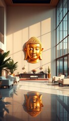 Serene Reception Area with Golden Buddha and Scenic Outlook..
