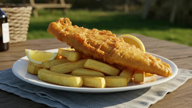 Fish And Chips Plate With Side Lighting Emphasizing Depth Picnic Table Scene Rustic Cloth Napkin