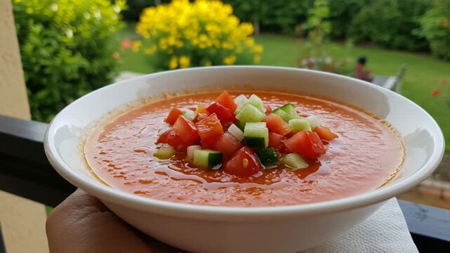 Fresh Gazpacho Soup With Clear Morning Light Neon Lit Street Food Style With View Sunny Garden
