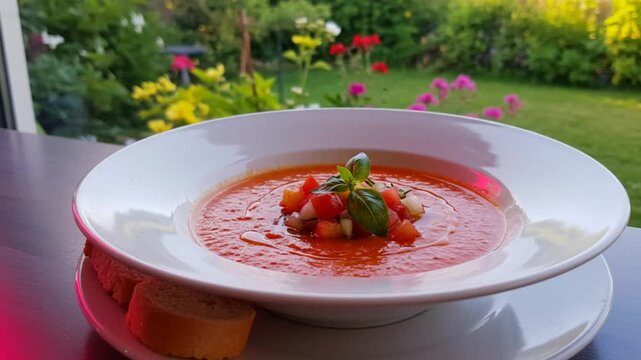 Fresh Gazpacho Soup With Clear Morning Light Neon Lit Street Food Style With View Sunny Garden