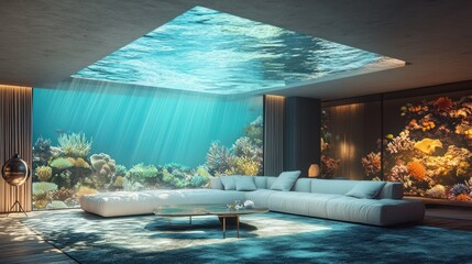 Living room with a glass ceiling showing an underwater coral reef scene above it