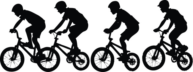 Boy Performing Bicycle Wheelie Silhouette, 4-Stage Vector Stunt Sequence