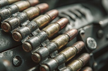 Military weapon ammo belt, close-up, battlefield background. Stock photo