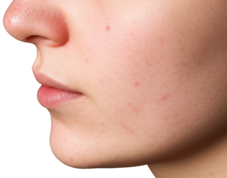 Close-up of a person's face with skin imperfections against a light background, transparent background png