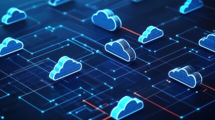 Stylized blue cloud icons arranged on a blue circuit board-like background