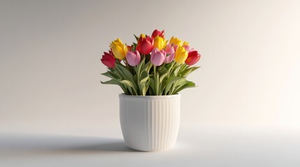 A bouquet of tulips in a white pot