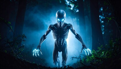 Naklejka premium Alien figure in dark forest