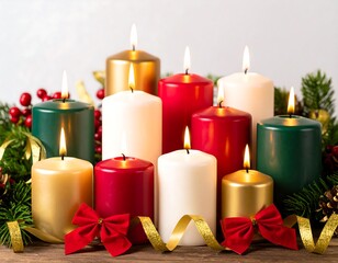 Christmas candles arranged on a wooden surface