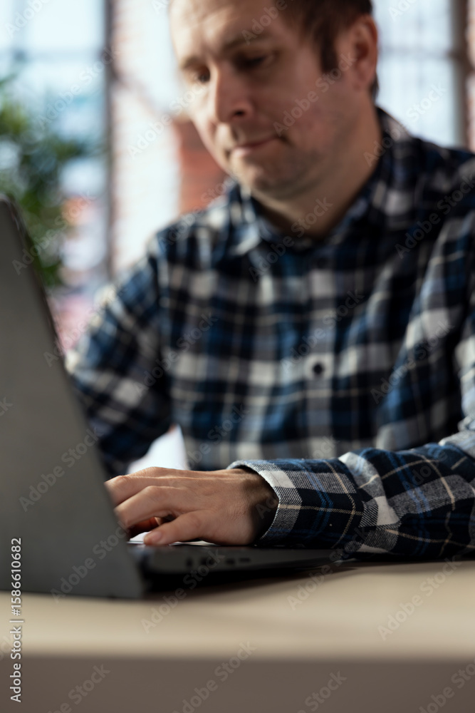 Poster employee analyzing data charts on notebook, interpreting statistical graphs, identifying trends. clo
