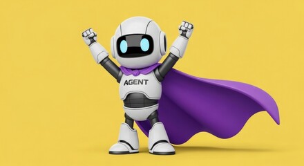 A cute agent robot superhero with a purple cape stands triumphantly on a yellow background