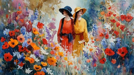 Two women stroll through vibrant watercolor fields, bathed in soft sunlight, a painterly dream unfolds with impressionistic harmony.